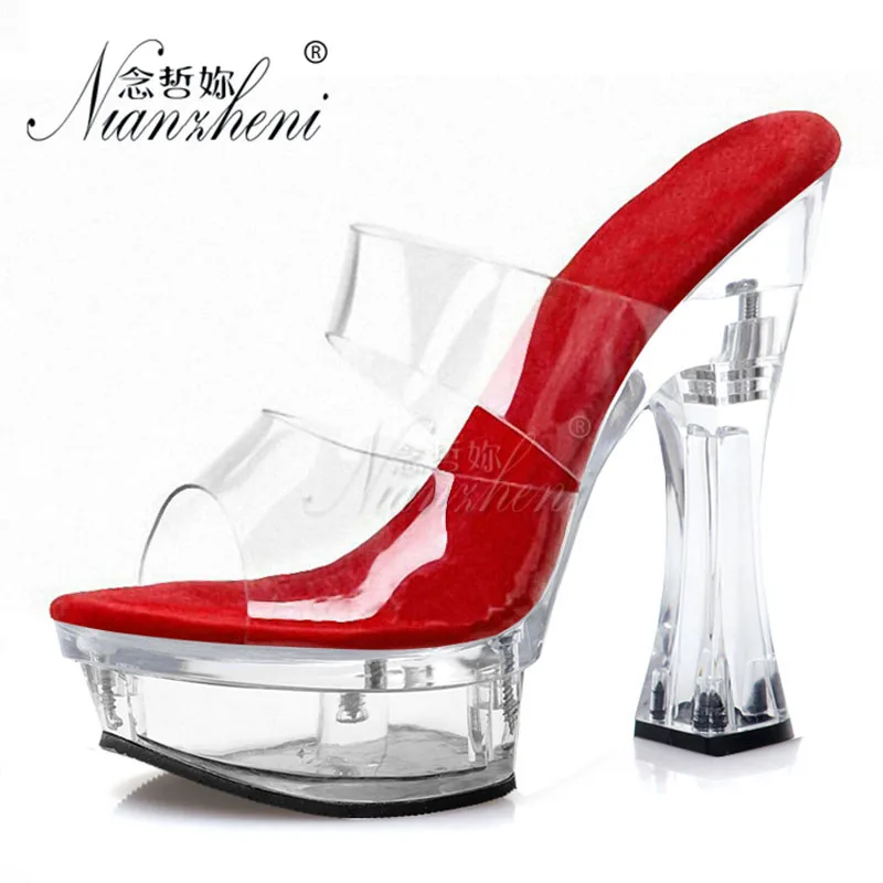 New style Concise Clear Crystal Spool heels Thick platform Womens Slippers 14CM Super High heeled shoes Big Size Stripper Fetish