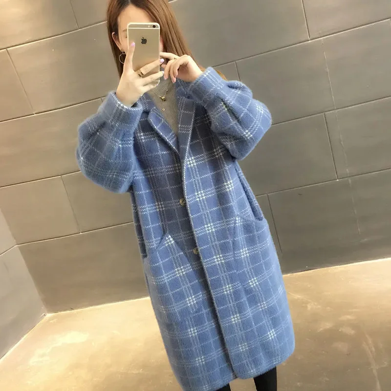 Imitation Mink Velvet Coat Women New Long Trench Coats Autumn Winter Thick Loose Warm Imitation Mink Plaid Overcoat Abrigo Mujer