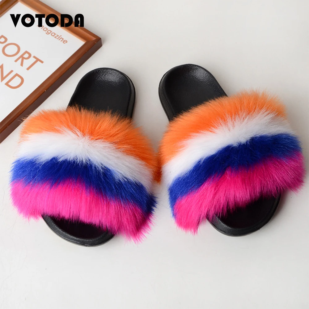 Women Furry Slippers Faux Fur Slides Mixed Colors Rainbow Flip Flops Fashion Girl Cute Plush Shoes Fluffy Shoes Woman Slides