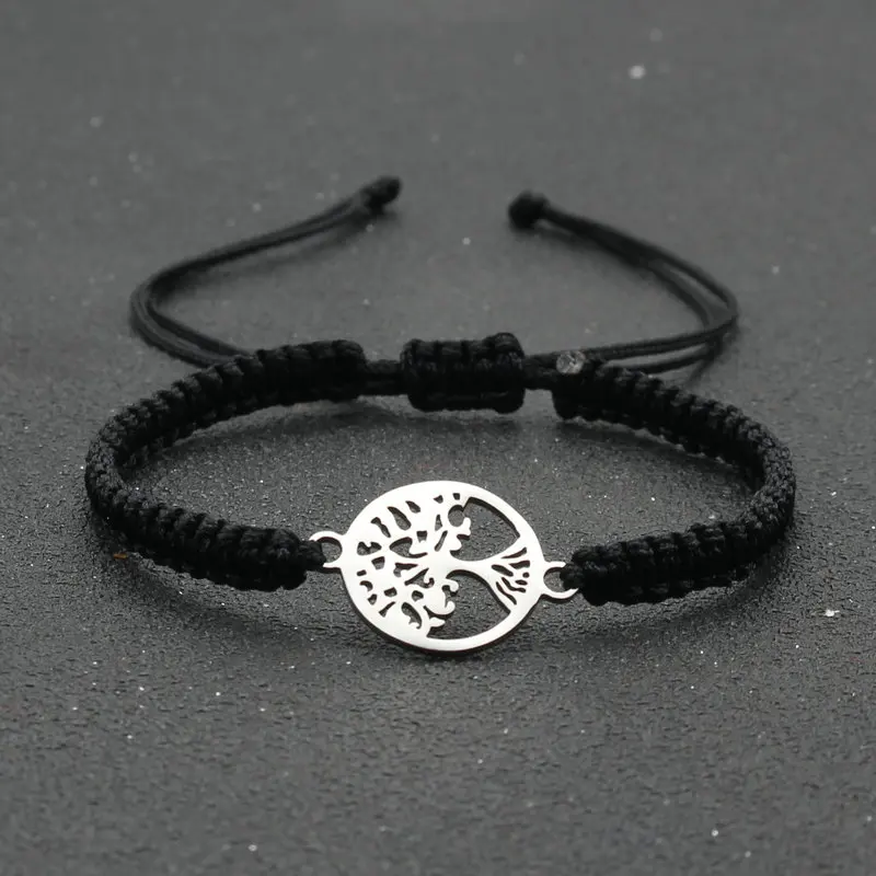 Handmade Braided Adjustable Rope Bracelet Round Shape Stainless Steel Life Tree Charm Bracelets for Women Men Couple Jewelry