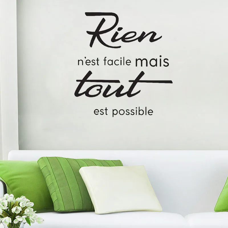 French Quotes Inspirational Wall Stickers Rien N'est Facile Mais Tout Est Possible Decals Vinyl Bedroom Living Room Decor Mural