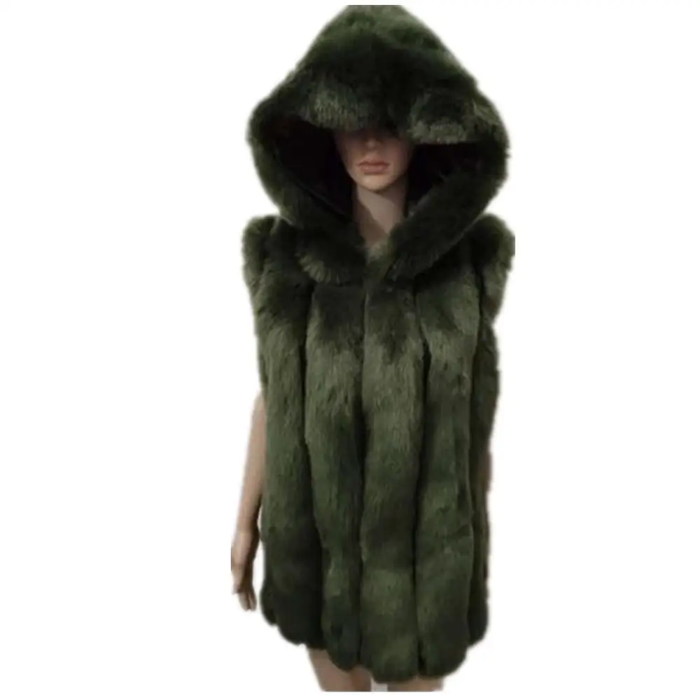 Winter Women Faux Fur Vest With Hooded Woman Faux Fox Fur Coat Long Furs Coat Jacket Female Ladies Overcoat