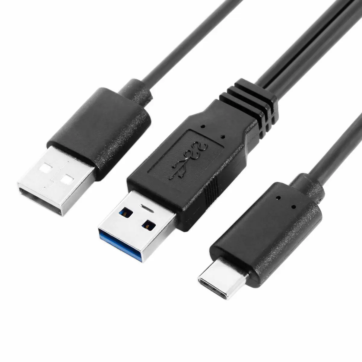 USB 3.0 Power Data Male & USB 2.0 Dual Power to USB-C Type-C Y Cable Cord for Lap top & Hard Disk 60cm Black