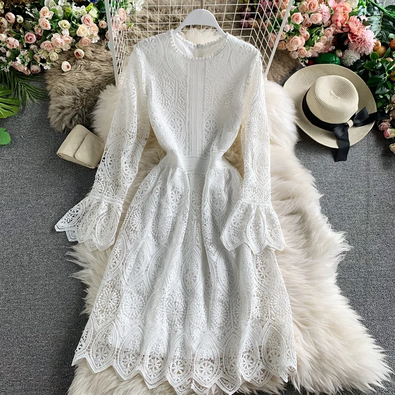 Mùa Thu Cao Cấp Dài Tay Phối Ren Chữ A Boho Đầm Nữ Dự Tiệc Sang Trọng Mùa Xuân Thêu Chắc Chắn Màu Xám 2022 Vintage Áo Dây