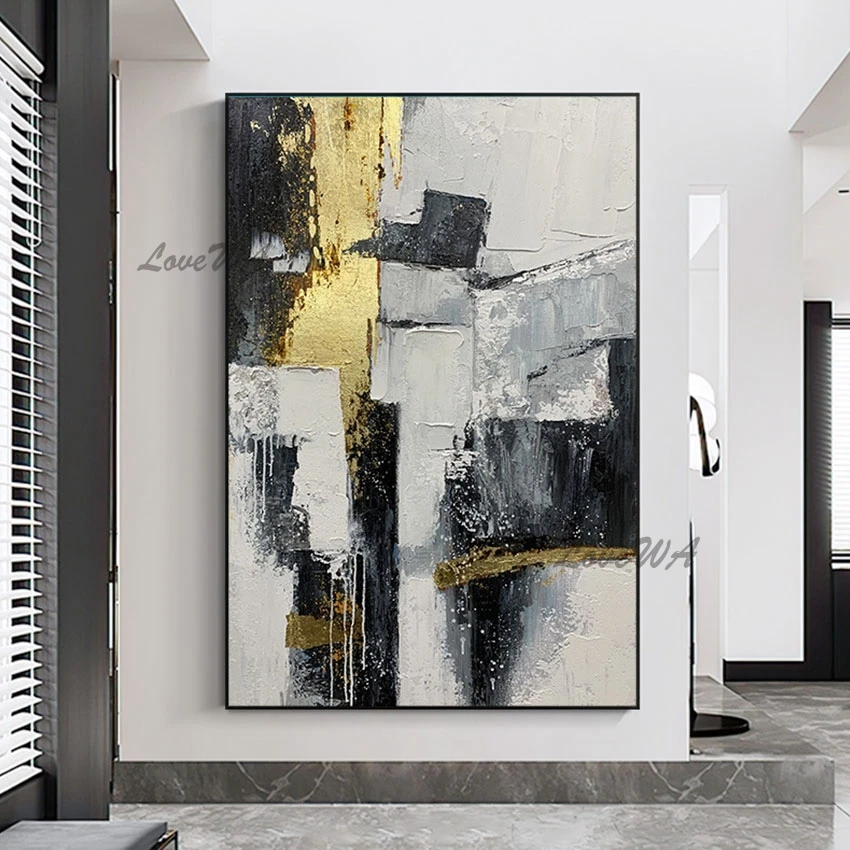 

Modern Abstract Oil Painting Black White Add Gold Foil Wall Art Pictures For Hotels Home Decoration Pieces Artwork Canvas