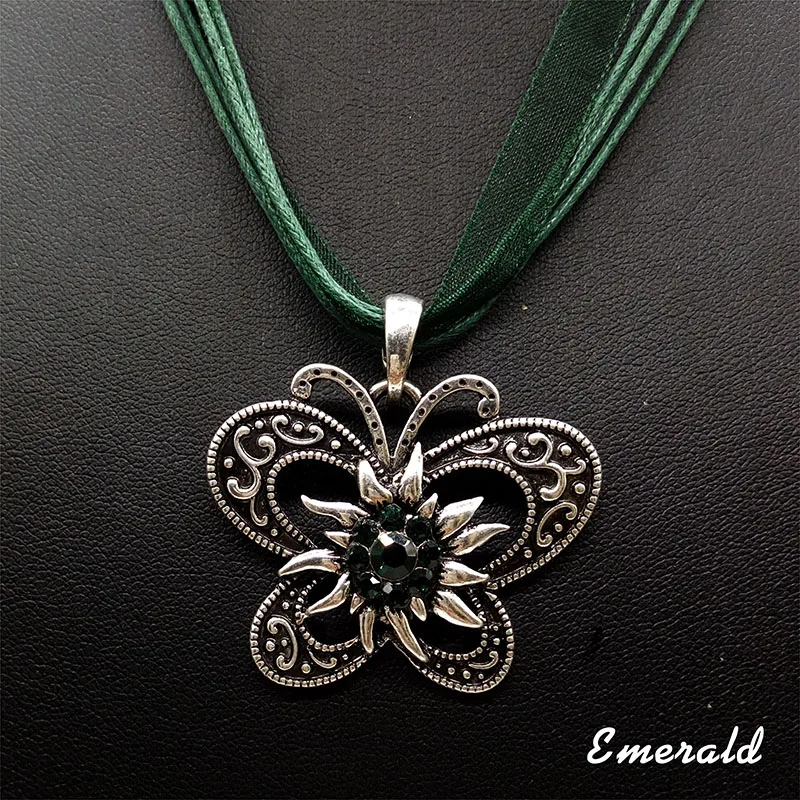 New Vintage Butterfly Necklace Jewelry Fashion Popular Retro Bohemia Style Ribbon Rope Chain Crystal Flowers Pendant Necklace