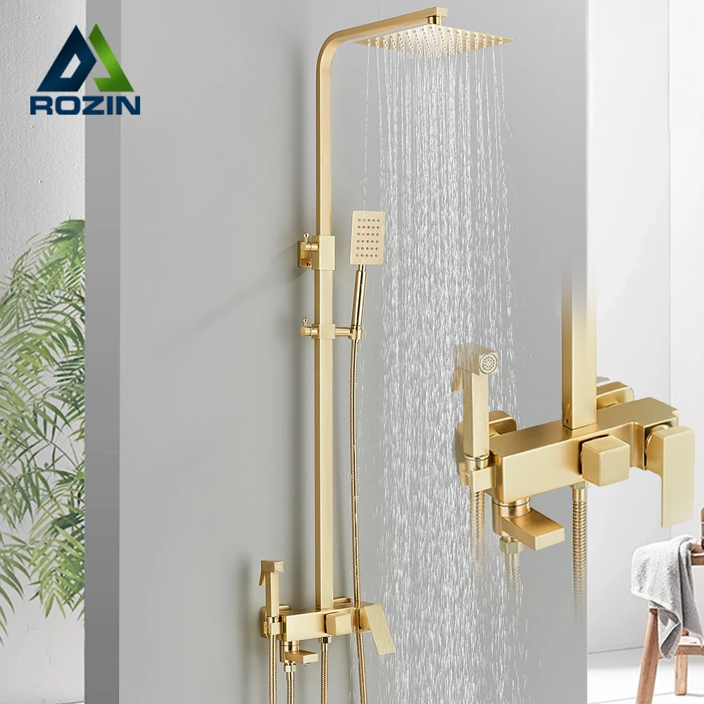 Rozin Brushed Gold Shower Set Wall Mounted Brass 4-Ways Bathroom Shower Faucets with Bidet Hot Cold Water Mixer Tap