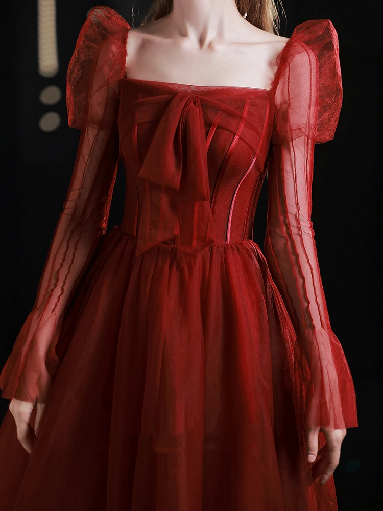 Robe de mariée rouge exquise pour femmes, élégante, col carré, manches longues, robe de cocktail, dos à bandes, robe de mariée Slim