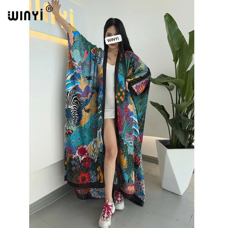 Middle East Autumn 2021 WINYI Women Cardigan Loose Long Dress Cocktail Party Boho Maxi African Holiday Batwing Sleeve Silk Robe