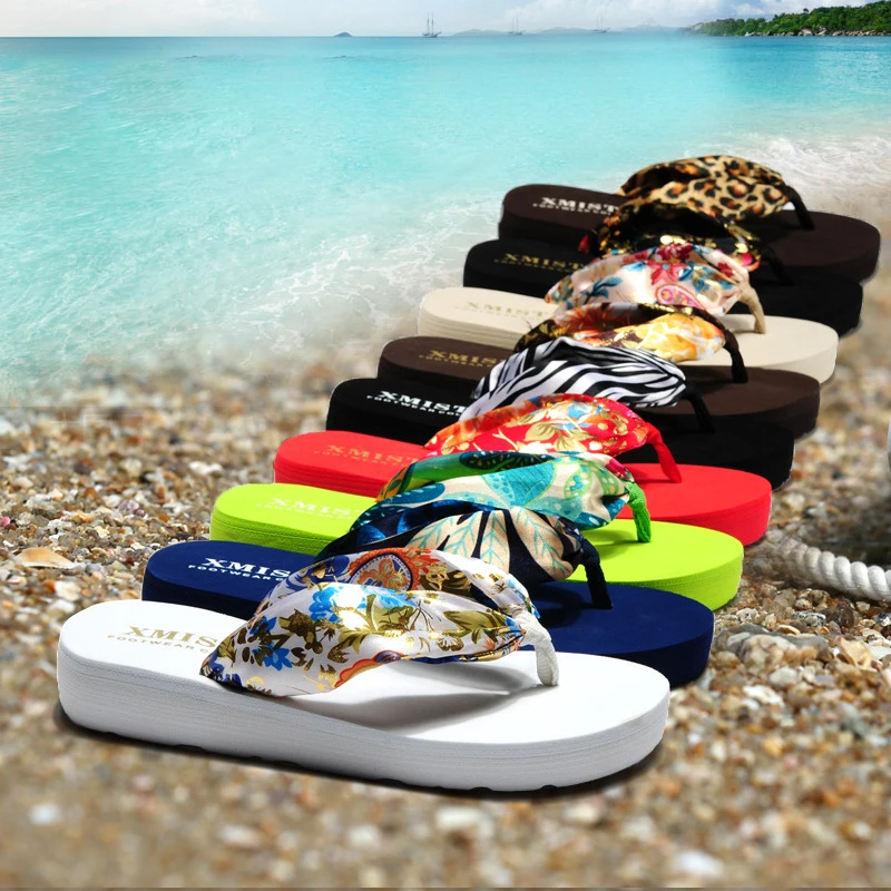 Women Slippers Casual Summer Sandals Shoes Bohemia Floral Beach Wedge Platform Flip Flops Female