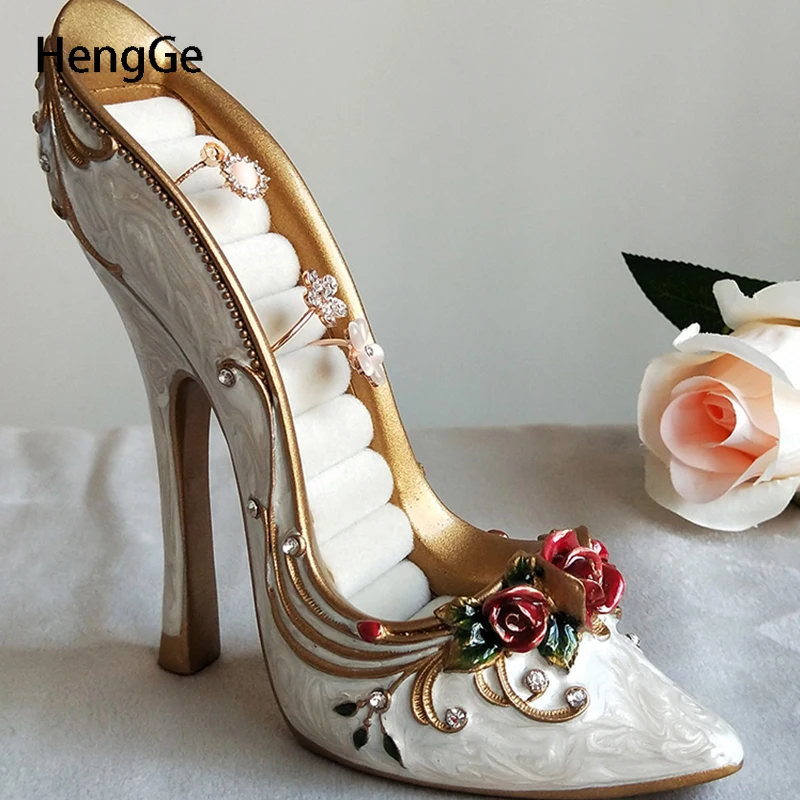 Retro Jewelry Case Creativity Rose Flower White High Heel Ring Holder Organizer Box Room Dressing Tables Artwork Decoration