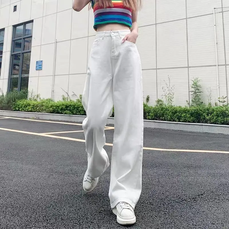 Woman Jeans Pants White High-Waist Summer Straight Width Pine Nuts Pantalones Vaqueros Mujer