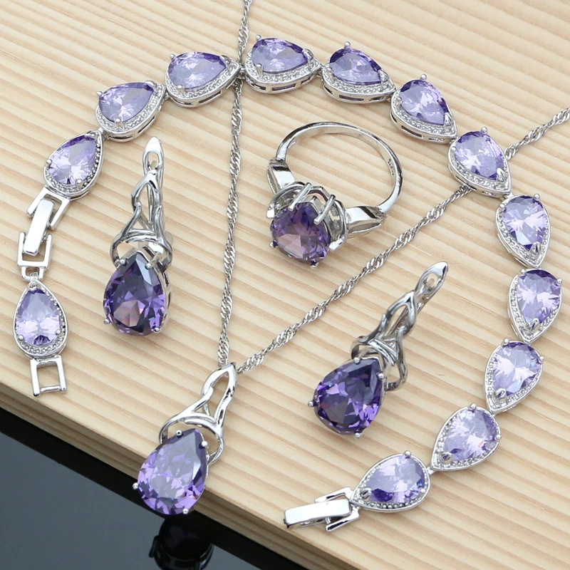 

Women Bride 925 Silver Jewelry Sets Purple Amethyst Gemstone Earrings Rings Fashion Accessories Wdding Necklace Set Dropshipping