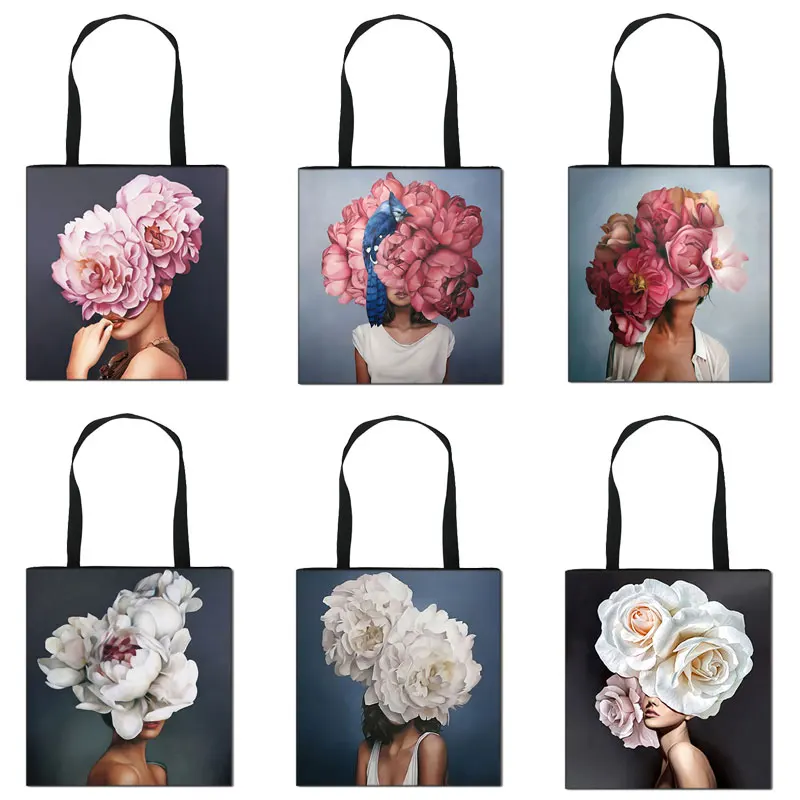 

Cute Art Prints Shoulder Bag Oil Painting Flower Girl Portrait Handbag Ladies Canvas Shopping Bag Woman Big Capacity Totes