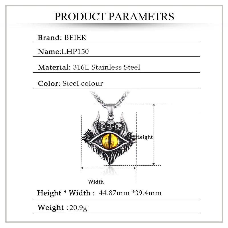 BEIER 316L stainless steel Devil\'s Eye Men\'s Pendant Necklace Punk SKULL Amulet High Quality Jewelry BP8-678