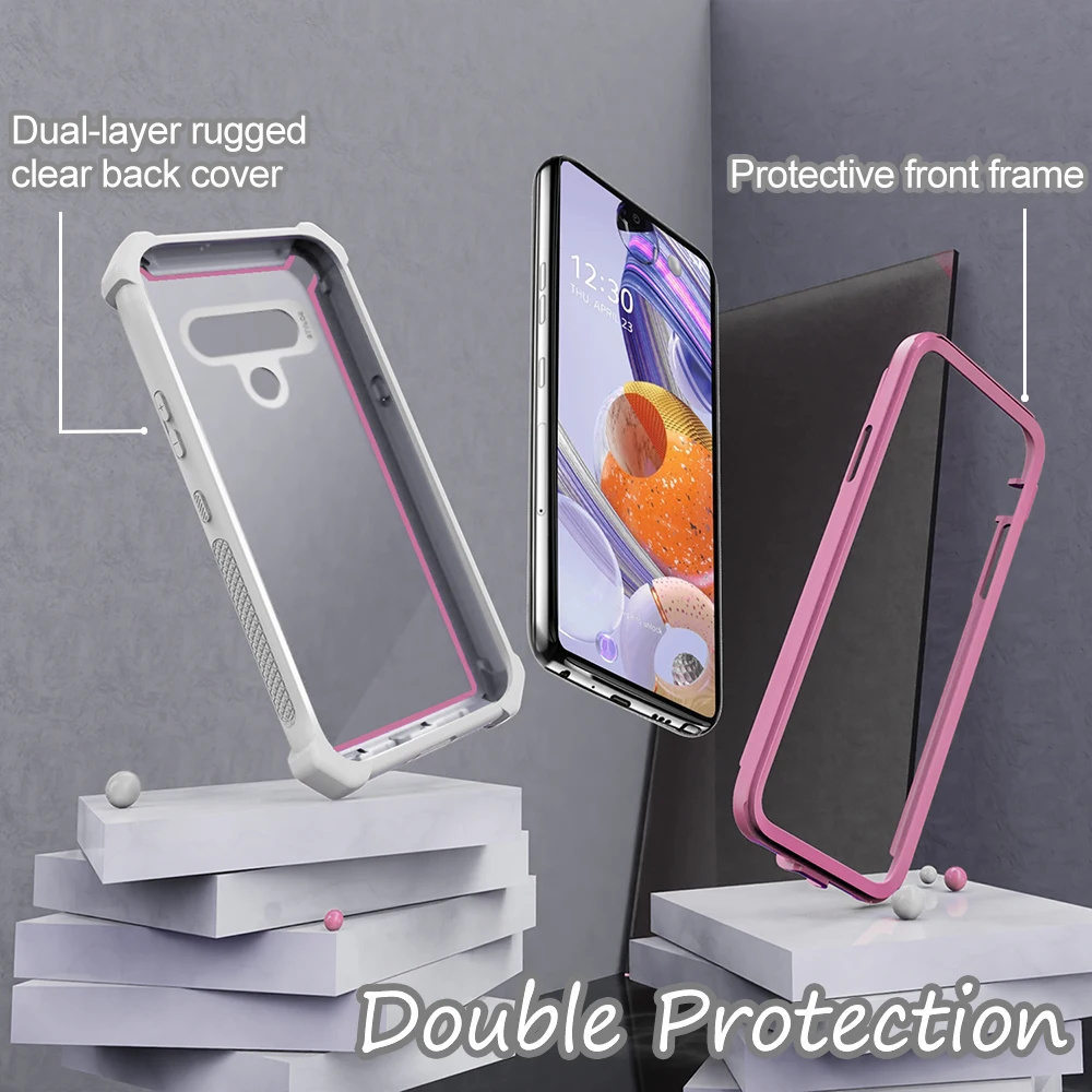 Hybrid double-layer shockproof acrylic back cover with tempered glass protective film, compatible with LG Stylo 6