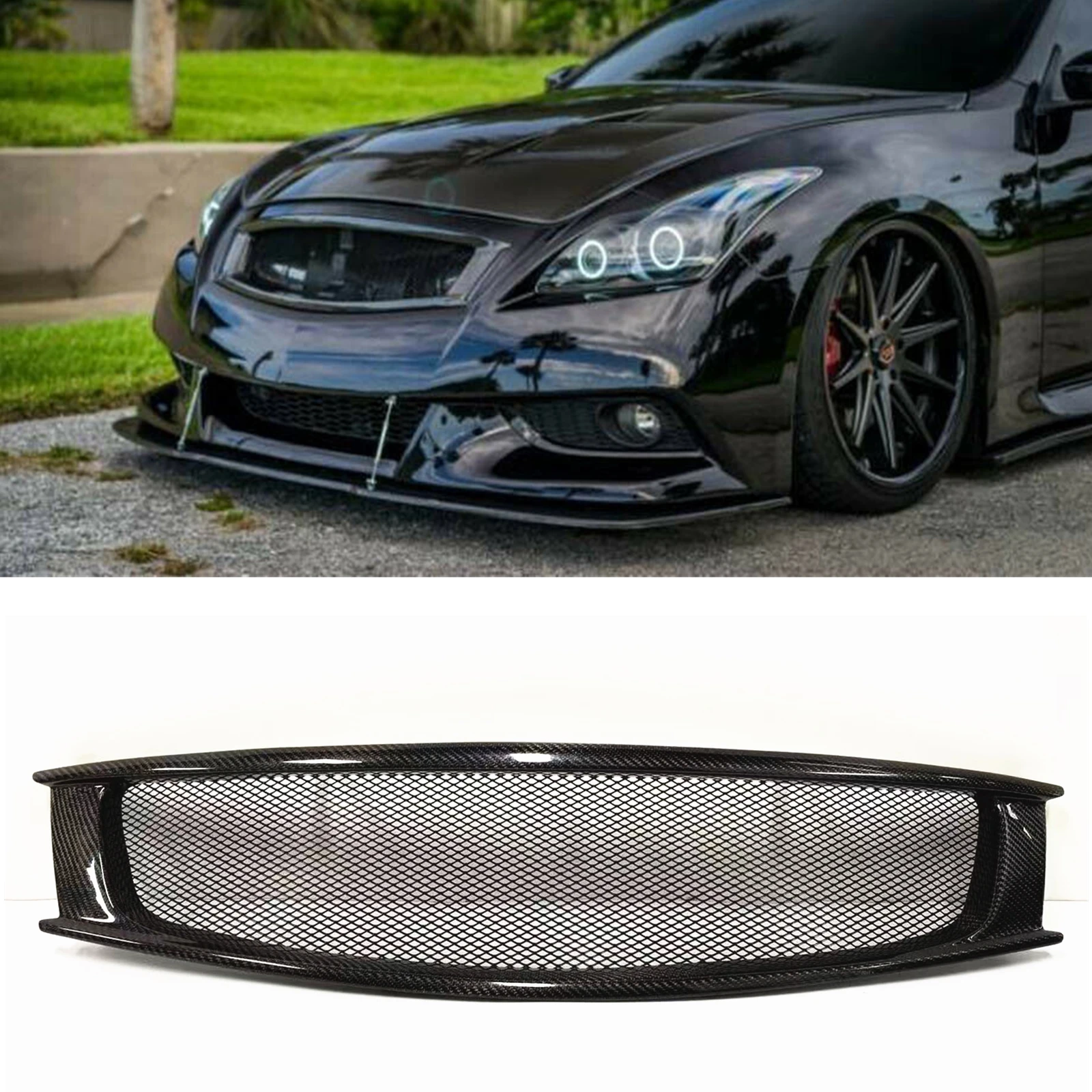 Racing Grill Front Grille For Infiniti G G37 2008-2013 Q60 Coupe 2 Door Real Carbon Fiber/Fiberglass Upper Bumper Hood Mesh Grid
