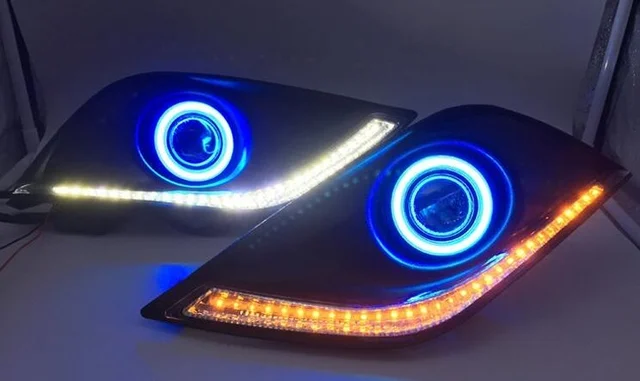 LED światło do jazdy dziennej DRL + żółty włącz sygnał + COB angel eye + soczewki projektora + światło przeciwmgielne dla Nissan versa sunny 2014-15