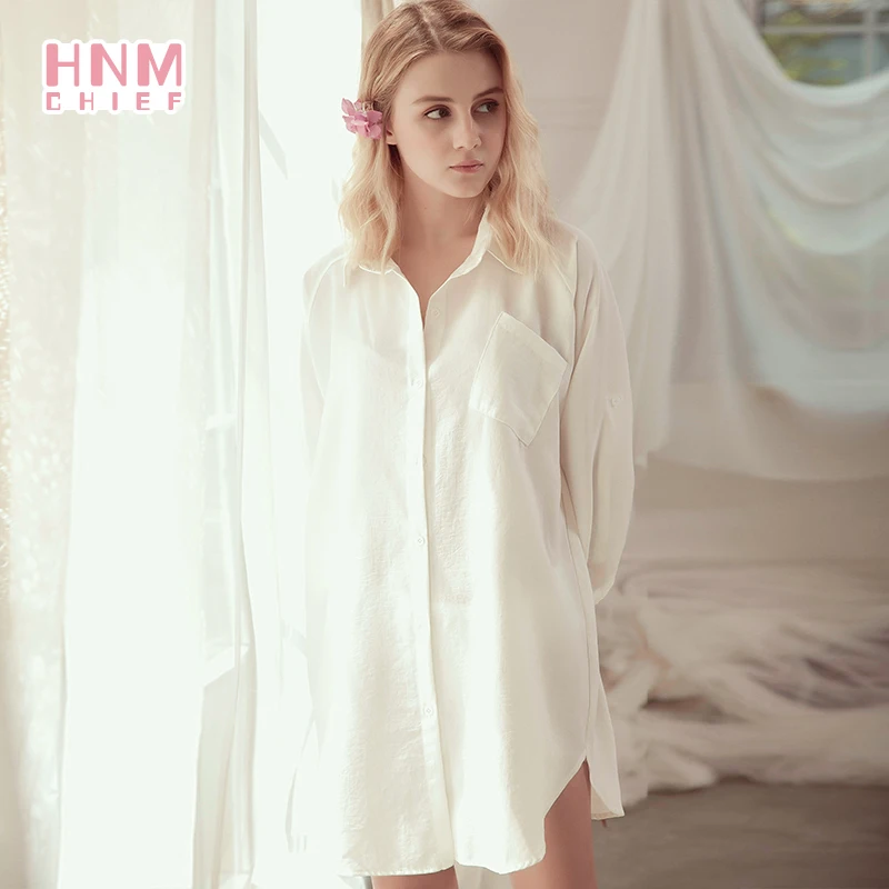 HNMCHIFE White Sleep Shirt Sexy Sleepwear Women Long Sleeve Nightgown Button Down Night shirt Soft Sleep Tops Comfy Pajama Top