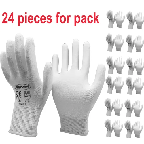 24 piezas/12 pares de guantes de trabajo protectores antiestáticos blancos con forro de punto de nailon sumergido en PU en guante de palma