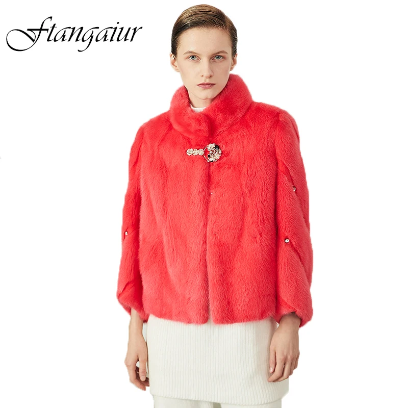 

Ftangaiur New Winter Import Velvet Mink Fur Coat Women Full Sleeve Short Mandarin Collar Beading Natural Real Mink Fur Coats