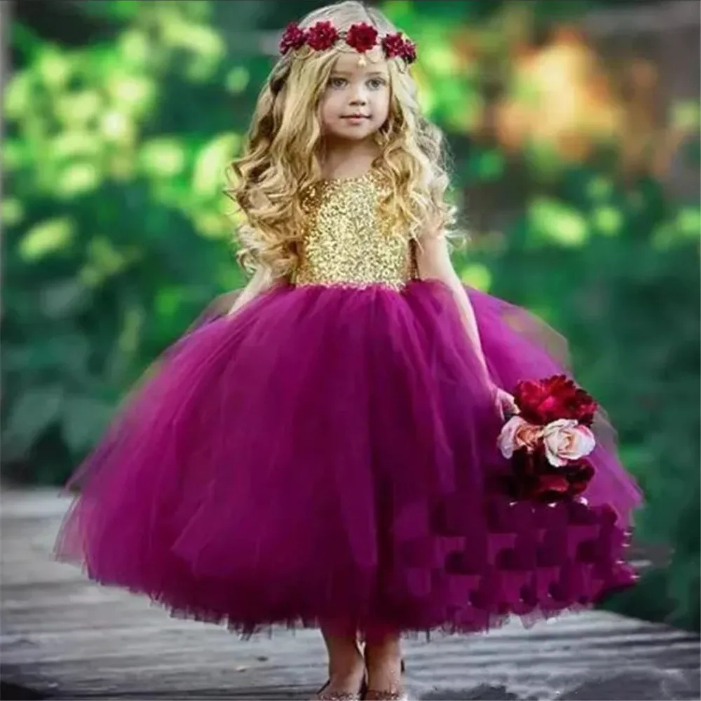 New Sequin Flower Girl Dresses Fluffy Tulle Girls Princess Wedding Party Dresses  Appliques First Holy Communion Party Dresses