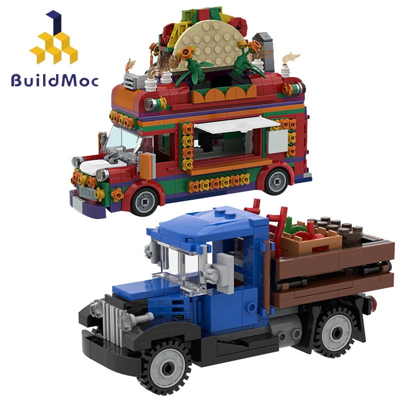 

Buildmoc Street View City Town Traffic Taco Food Truck and 1930s Farm Truck Mini Car Building Blocks Toys For Children Gift