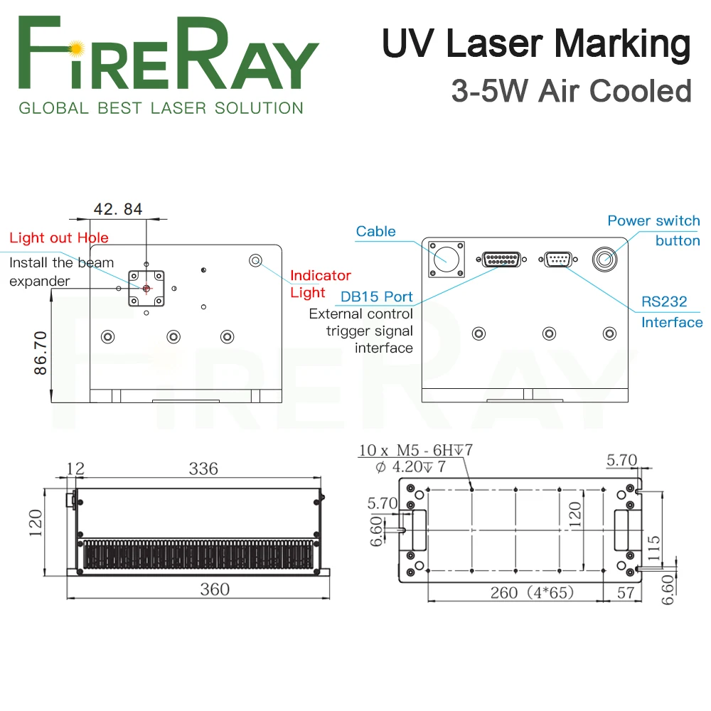FireRay 355 нм 5 Вт Встроенный УФ-лазерный модуль с водяным охлаждением Лазерный источник для маркировки стекла