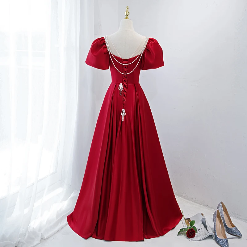 Robe de Soirée en Satin Rouge Personnalisée pour Femme, Manches Bouffantes Élégantes, Ligne A, Longueur au Sol, ixFormelle, Quelle que soit l'Éducatif, Banquet