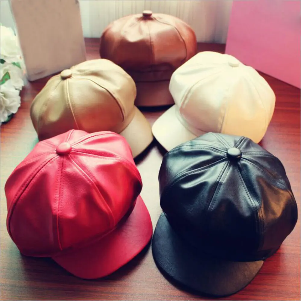 Women Leather Casual  Cap Black PU Leather Female Vintage Octagonal Cap Spring Winter Beret Ladies Flat Hat