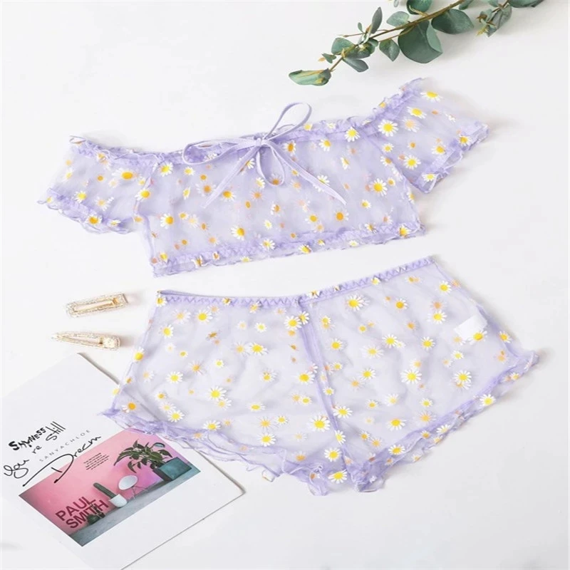 Cute Little Daisy Print Pajamas Suit Sexy Perspective Mesh Women‘s Underwear Set Embroidery Lace Erotic Lingerie 2-piece Set