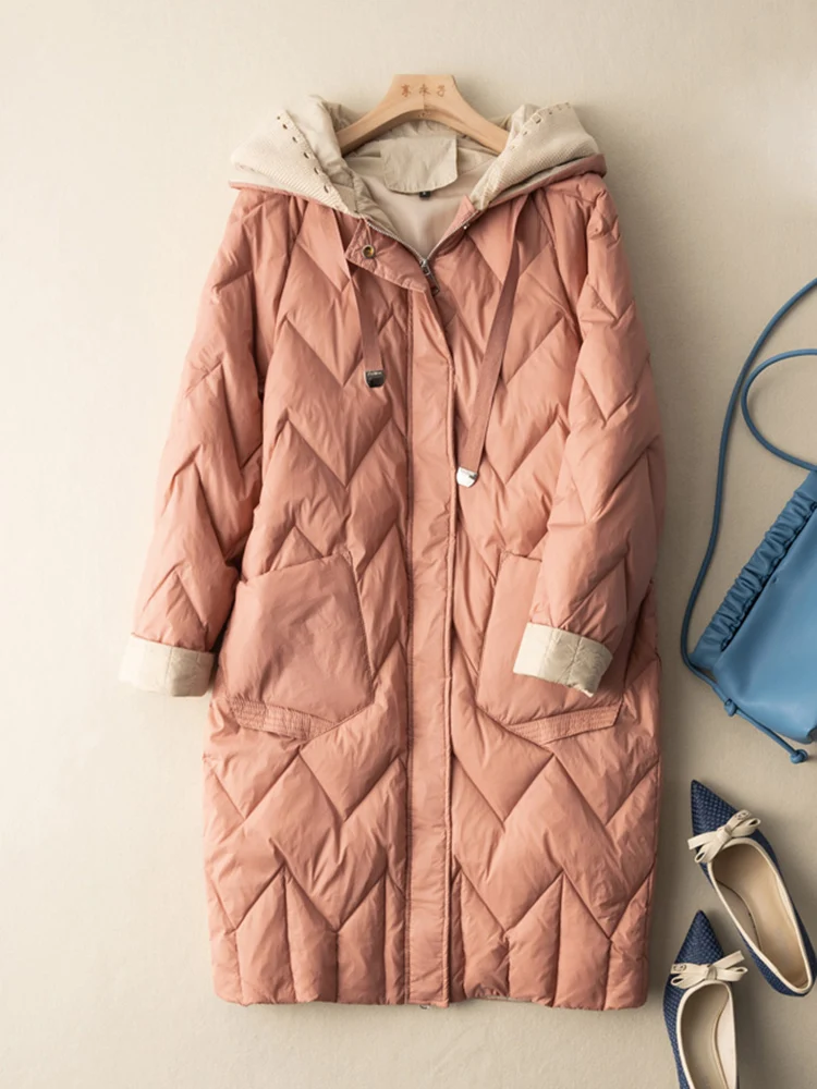 SEDUTMO Chaqueta larga de invierno con plumón de pato para mujer, abrigo acolchado cálido de gran tamaño con capucha gruesa, moda informal de retazos para otoño ED1799