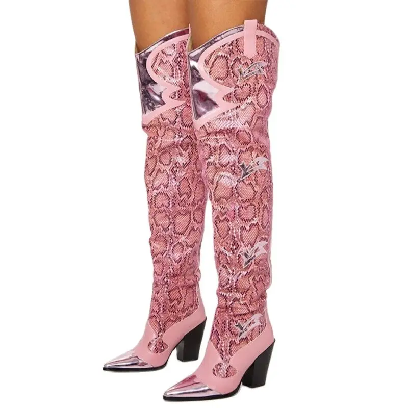 

2021 брендовые модные сапоги до колена с острым носком и змеиным принтом из микрофибры, привлекательная женская обувь на высоком каблуке, Осень-зима