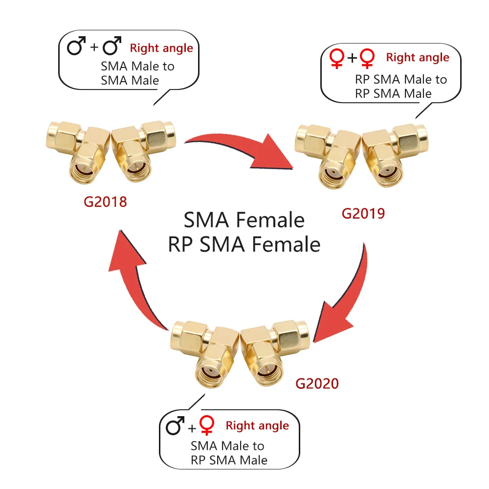 1ชิ้นอะแดปเตอร์ RF โคแอกเซียล SMA กับ SMA หัวต่อตัวผู้ตัวเมีย RP SMA เป็น SMA ตัวผู้ RP SMA มุมฉากตัวแปลง3ทาง