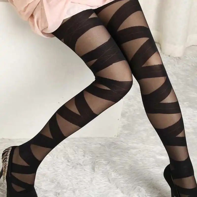 Sexy Women Stockings Hot Newest Striped Printed Pants Goth Rocker Cross Bandage Straps Pants Pantyhose Tights Stockings