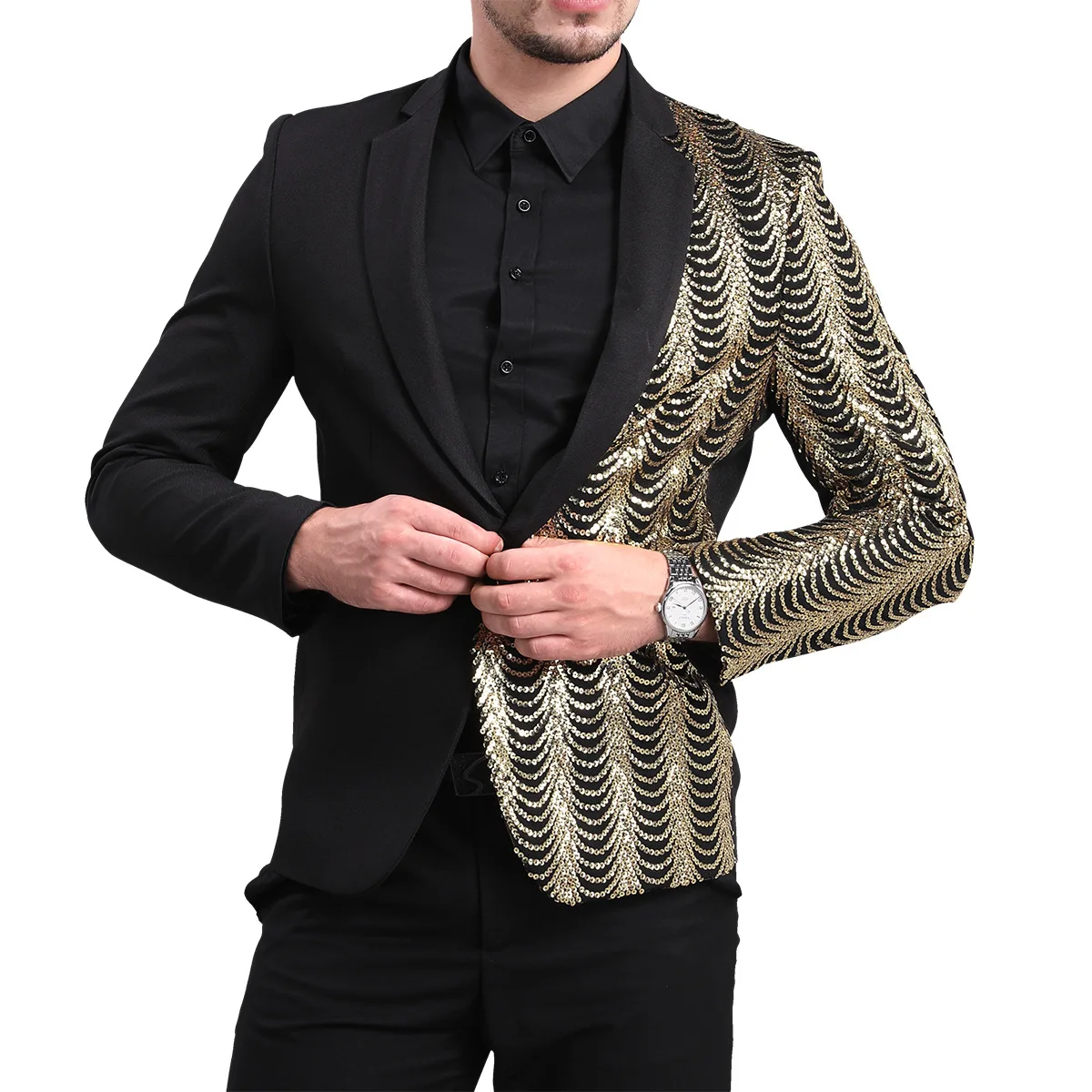 Gold Sequins Wave Stripes Blazers Men Slim Fit One Button Glitter Suit Jacket Wedding Party Evening Banquet Tuxedo Coat Costume