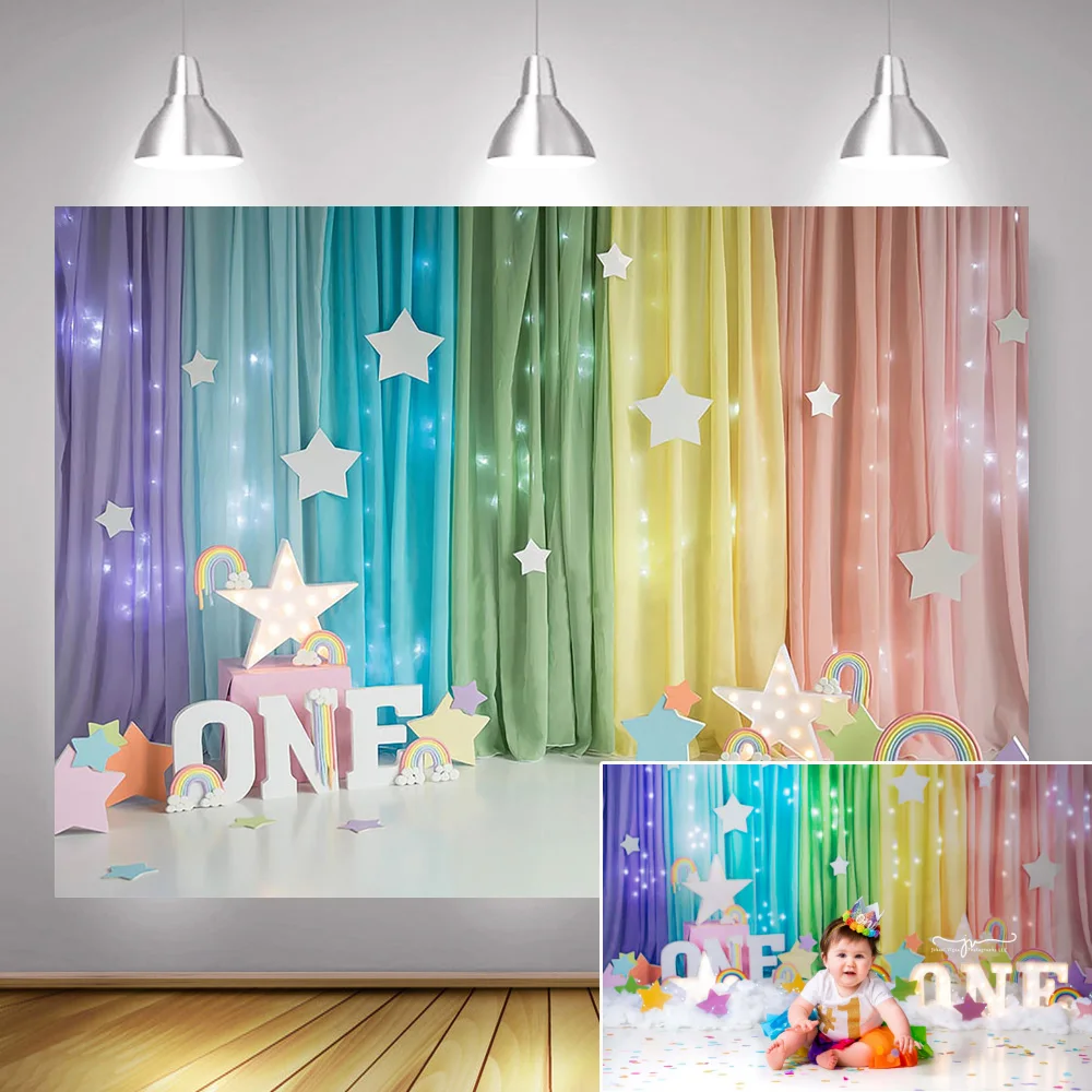 

Rainbow Curtain 1st Birthday Party Photo Background Decoration Colorful Rainbow Newborn One Birthday Backdrop Stars Photography