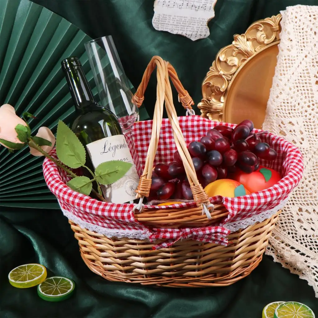 Picnic Basket, Woven Natural Wicker Basket with Double Handles and Cloth Lining for Food Sundry Container Fruit Storage Promotio