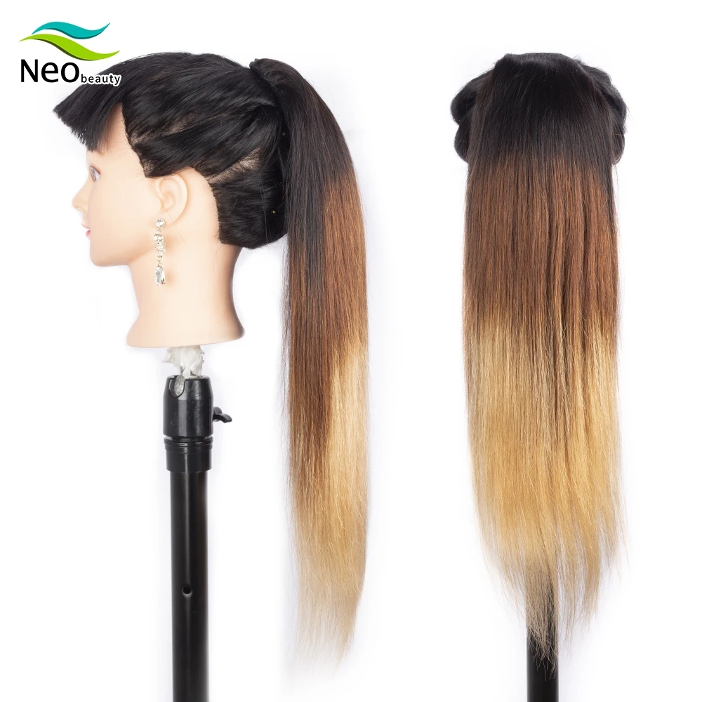 Neobeauty Silky Straight Human Hair Ponytail Extensions T1b/4/27 Ombre Hair Extensions Soft Drawstring Ponytail Human Hair