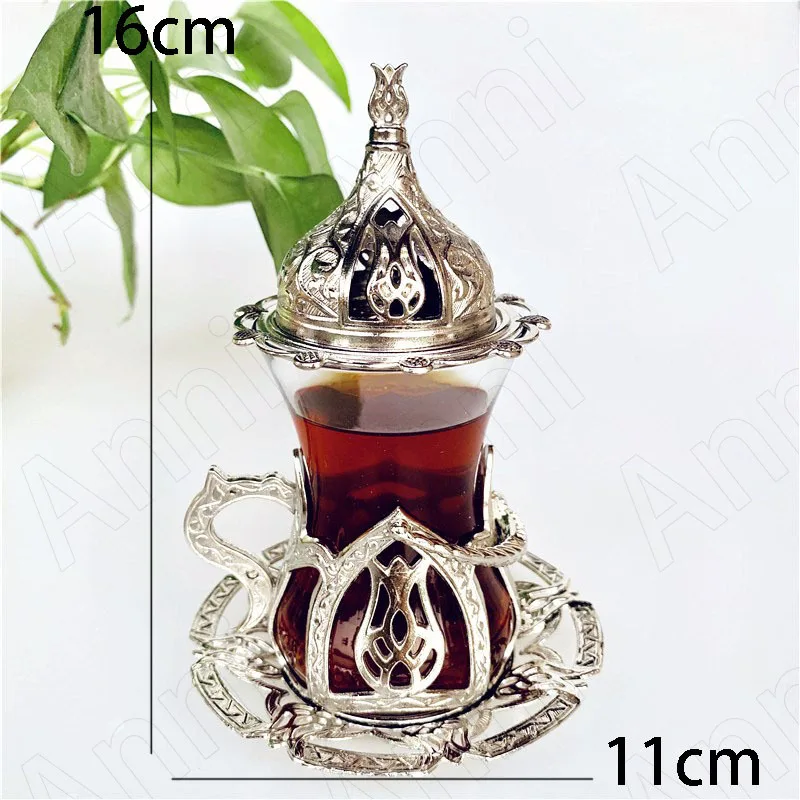 Tulip Hollow Metal Glass Turkish Coffee Cups Classical Court Coffee Mug Glass Cup with Sugar Dish Spoon Set Afternoon Tea Set