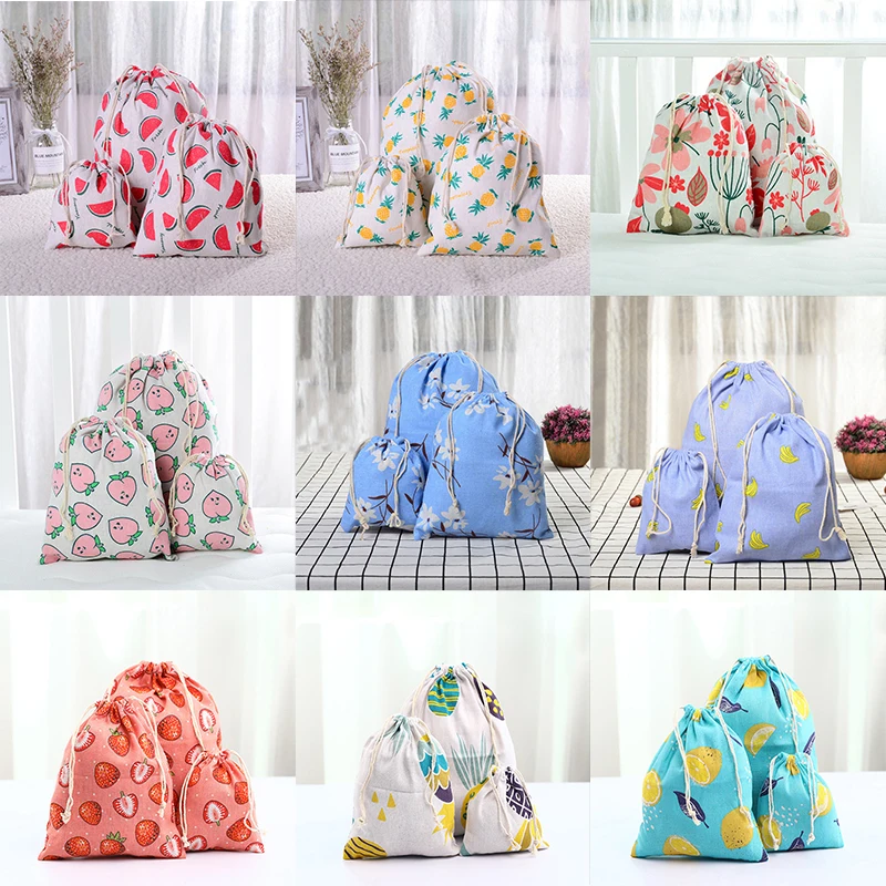 Peach Flamingo Printed Storage Bags Baby Clothing Kids Toys Organizer Drawstring Candy Bags Cotton Linen Jewelry Cosmetic Pouch