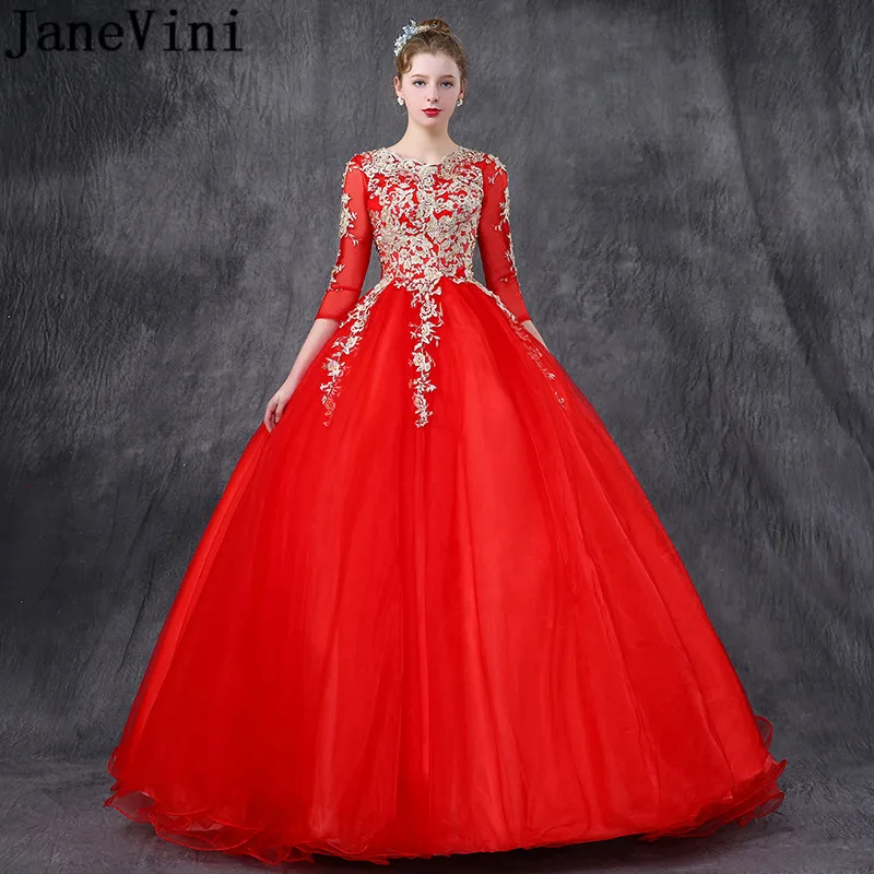 Janevini vestido rojo 2020 quinceanera vestidos de baile formal vestido de baile com mangas compridas apliques de renda pérolas doce 16 vestido