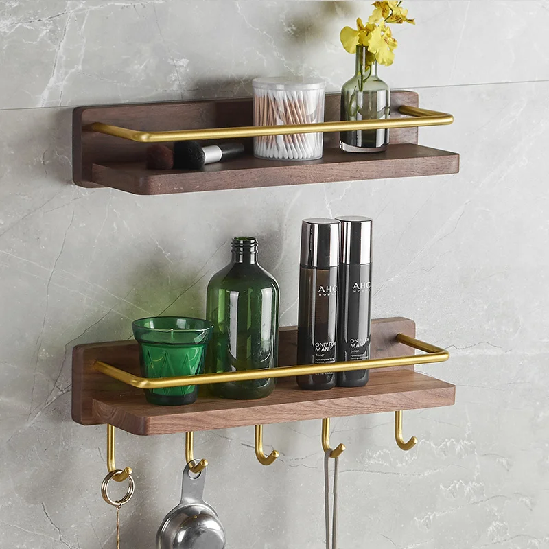 Walnut Bathroom Shelf With Hooks Soap Cosmetic Shower Shampoo Shelf  Nail Punched Towel Bar Organizer Rack/Holder Wall Mounted