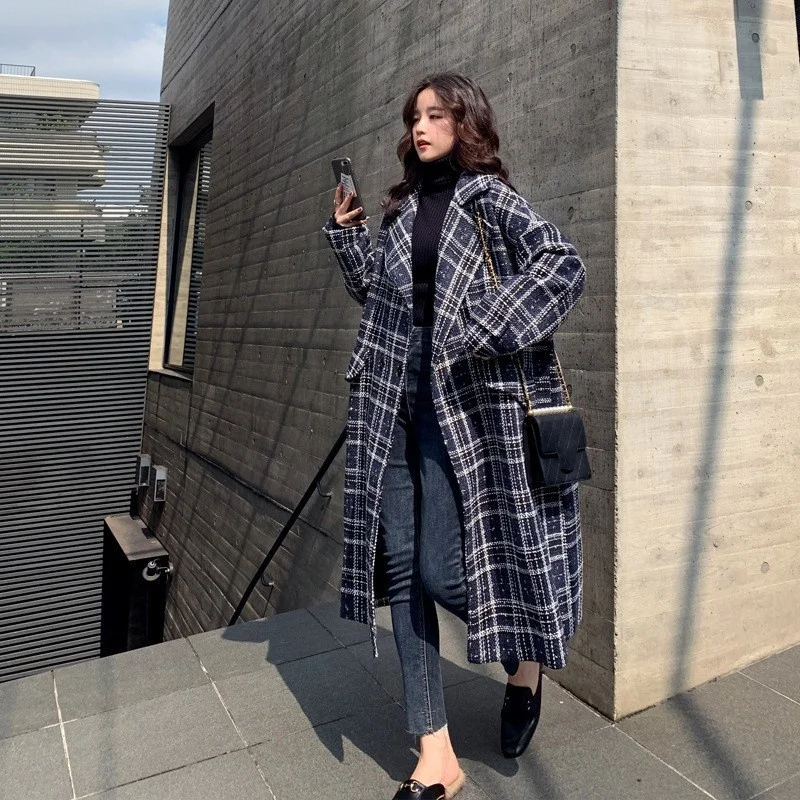 Womens Fashion Winter Loose Fit Plaid Woolen Blends Overcoat Vintage Ladies Long Jacket Autumn Winter Casual Streetwear Coats