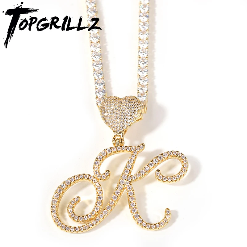 

TOPGRILLZ 2021 New A-Z Letters Love Heart Shape Pendant Necklace Hip Hop Micro Pave Cubic Zirconia Pendant For Gift