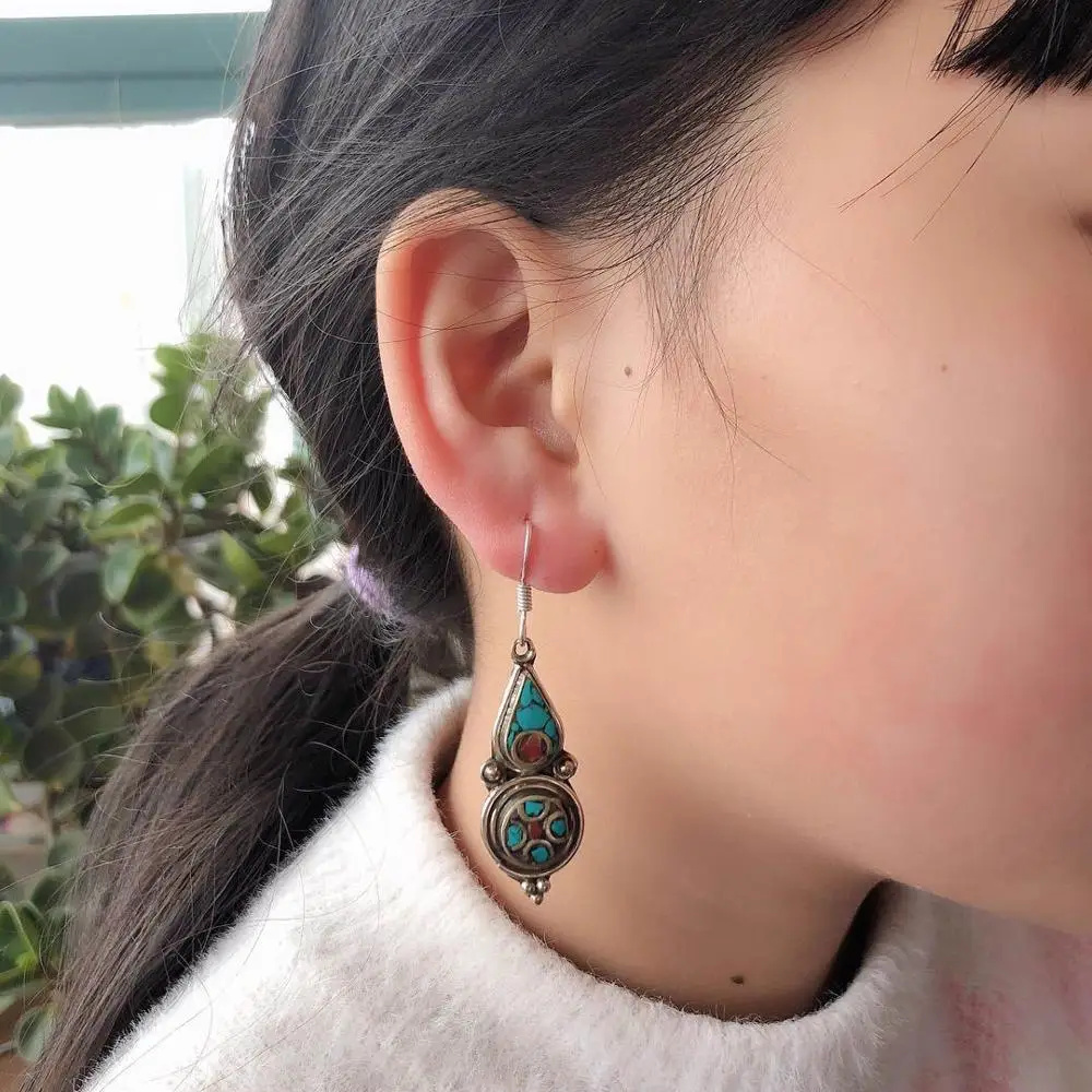 ER179 Nepal Hand Jewelry Tibetan Ethnic Earrings For Lady Vintage Copper Inlaid Turquoises Coral Stone Dangle Earring