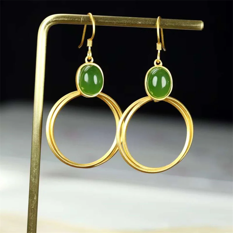 

Hot selling natural hand-carved New Accessories Silver inlaid ancient method gold jasper earrings fashionJewelry Women LuckGifts