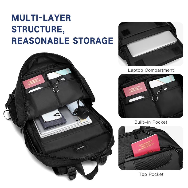 Imagem -03 - Ozuko-grande Capacidade Usb Carregamento Mochila para Homens Laptop Mochilas Bolsa de Viagem à Prova d Água Teenager Schoolbag Masculino 15.6