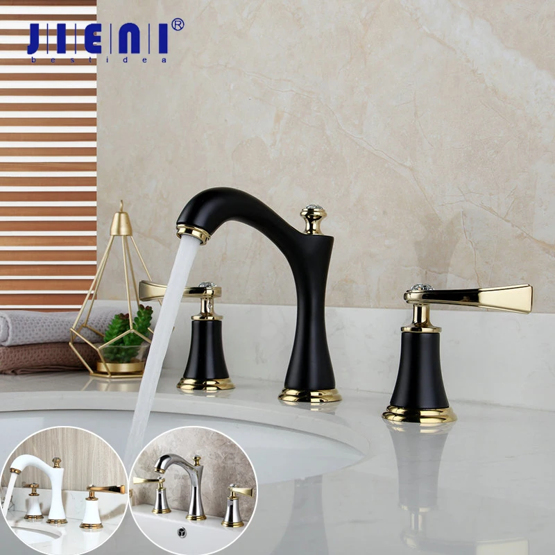 

JIENI Matte Black 3 Pcs Bathroom Faucet Deck Mounted Black Painting 2 Handles Diamond Bathroom Bathtub Basin Mixer Tap Faucet