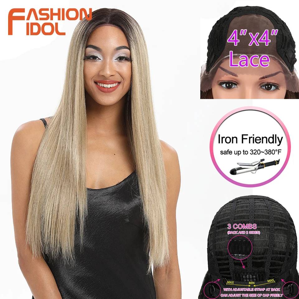 

FASHION IDOL 4x4 Lace Front Wigs Straight Hair Synthetic Wigs 28 Inch Heat Resistant Fiber Hair Ombre Blonde Long Wigs For Women